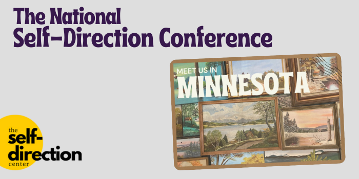 Logo: The National Self-Direction Conference. Features postcard that reads meet us in Minnesota